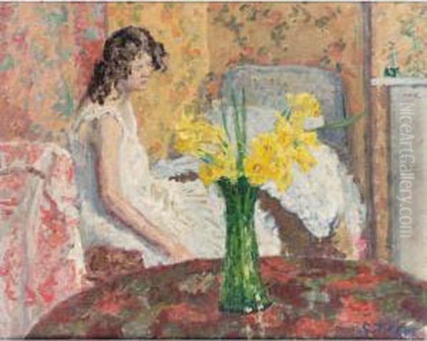 Girl In A Bedroom Oil Painting by Spencer Frederick Gore