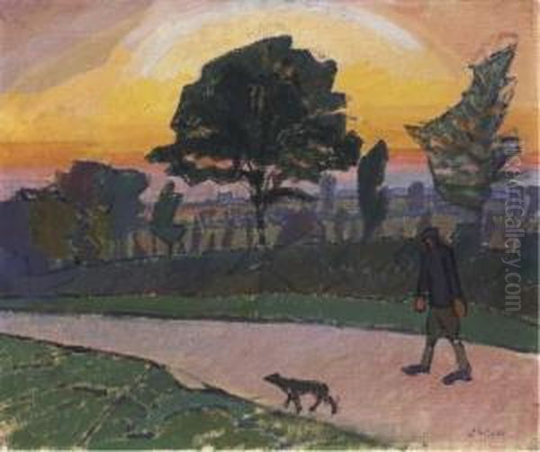 Sunset, Letchworth, With Man And Dog Oil Painting by Spencer Frederick Gore