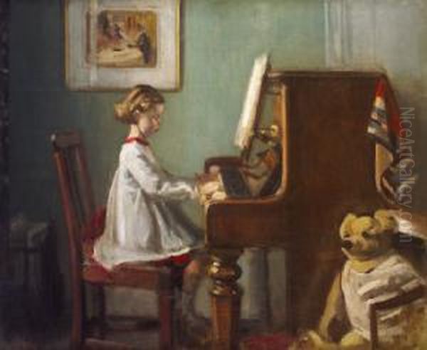 The Artist's Daughter Playing The Piano (1929-1930) Oil Painting by William Crampton Gore