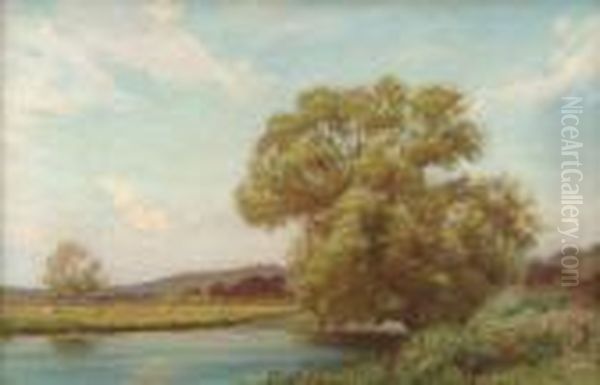 River Landscape With A Large 
Tree And Cattle Grazing Beyond,thought To Depict The Thames At Henley Oil Painting by William Henry Gore