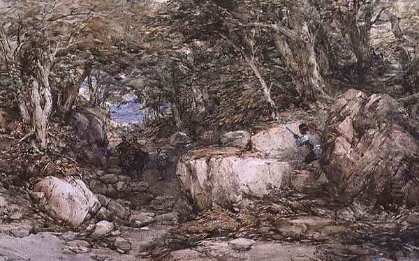 Forest Glen with Travellers Approaching an Ambuscade Oil Painting by George Cattermole