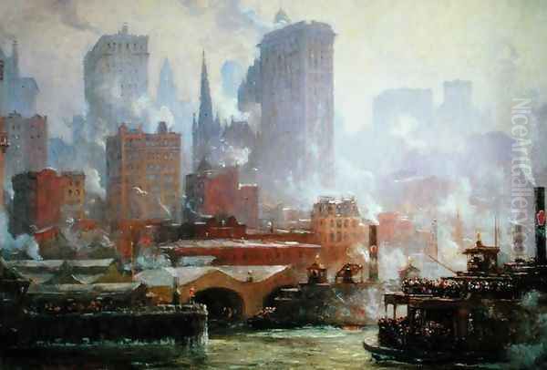 Wall Street Ferry Ship Oil Painting by Colin Campbell Cooper