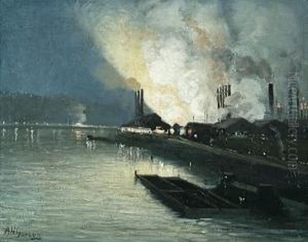 Pittsburgh Steel Mill At Night Oil Painting by Aaron Harry Gorson