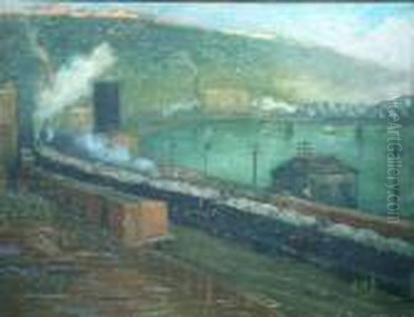 Railroad Yard By The River Oil Painting by Aaron Harry Gorson