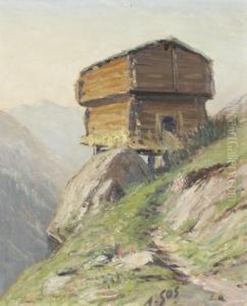 Walliser Stadel Am Steilhang Oil Painting by Albert H. Gos