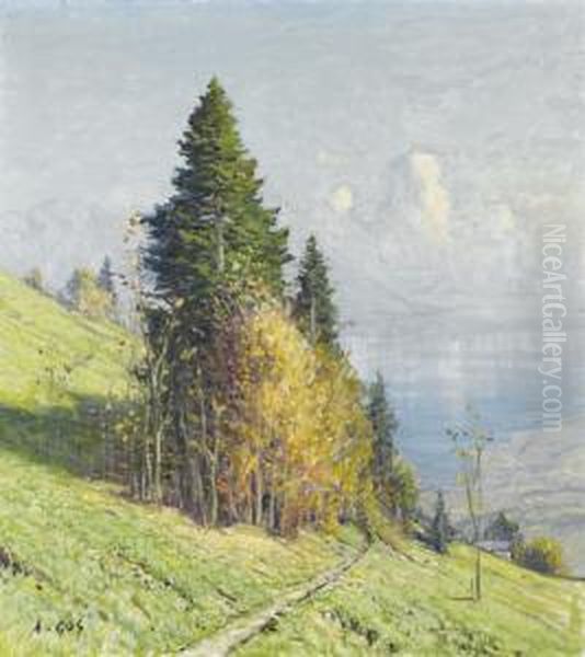 Baumgruppe Mit Blick Auf Den Genfersee. Oil Painting by Albert H. Gos