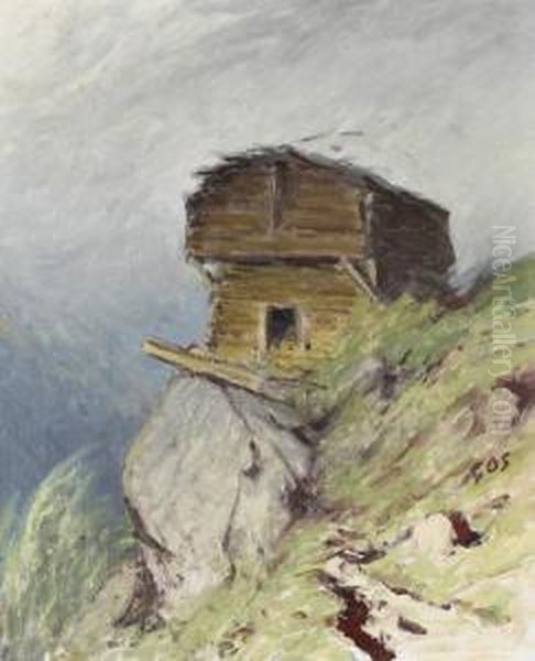 Walliser Stadel An Steilhang. Oil Painting by Albert H. Gos