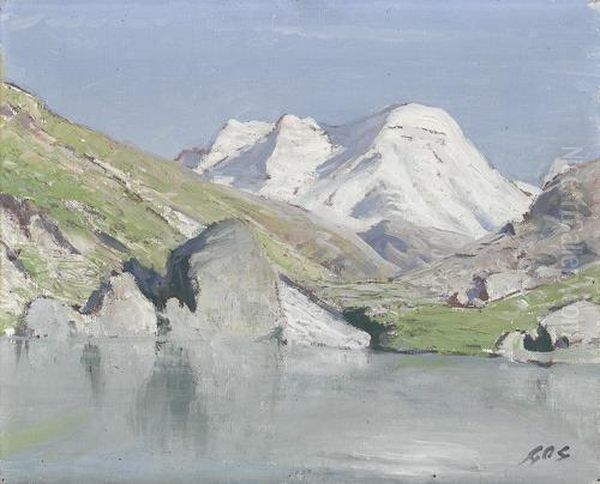 Walliser Gebirgslandschaft Mit Bergsee. Oil Painting by Albert H. Gos