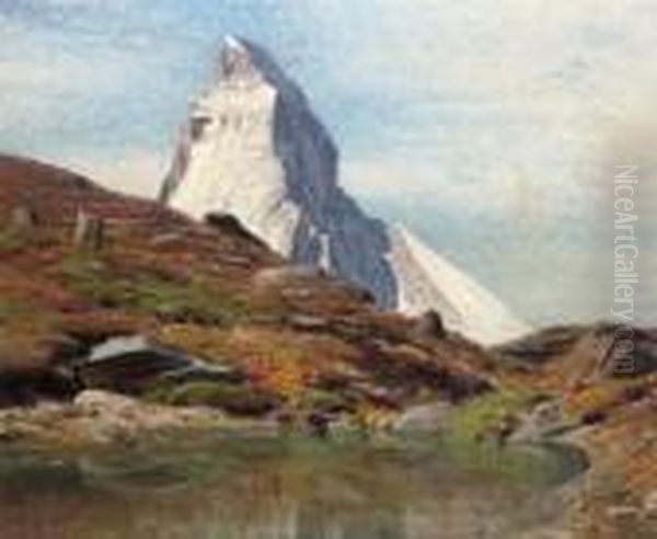 The Matterhorn From The Riffelsee Lake Oil Painting by Albert H. Gos