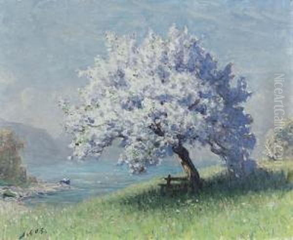 Seepartie Mit Bluhendem Obstbaum. Oil Painting by Albert H. Gos