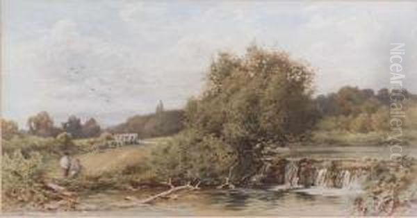 Anglers By A Weir Oil Painting by William W. Gosling