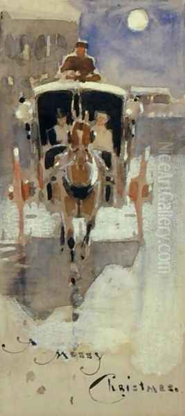 Christmas Card with a Hansom Cab Oil Painting by Joseph Crawhall