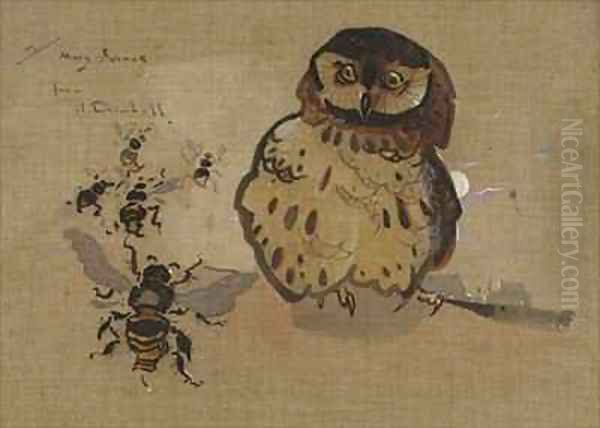 Owl and Bees Oil Painting by Joseph Crawhall