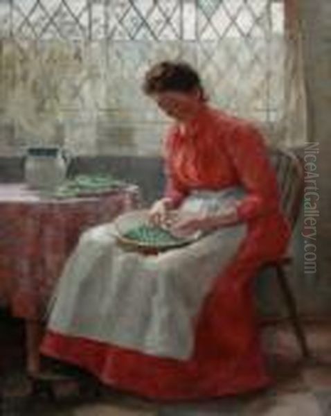 Shelling Peas, Woman Seated Before A Window. Oil Painting by Thomas Cooper Gotch