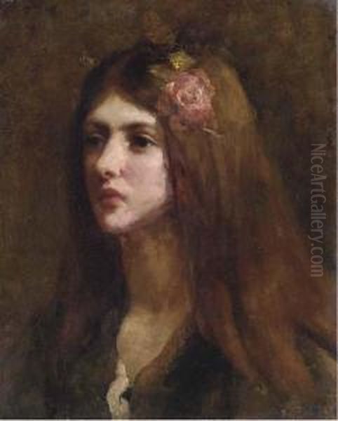 Portrait Of A Girl, Bust-length, In A Green Dress With A Rose Inher Hair Oil Painting by Thomas Cooper Gotch