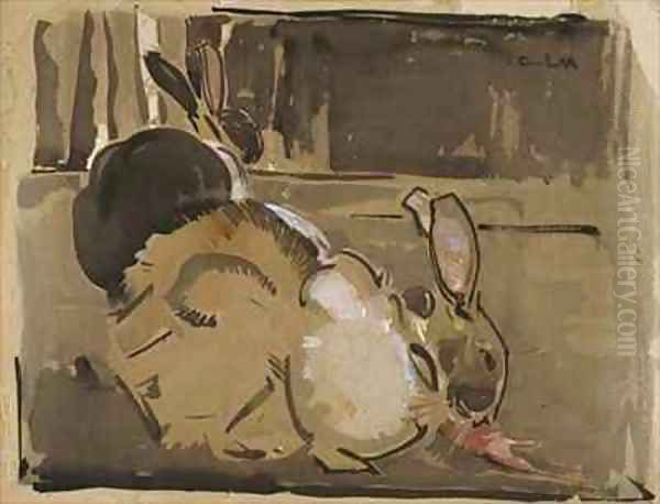 Two Rabbits One Eating Carrots Oil Painting by Joseph Crawhall