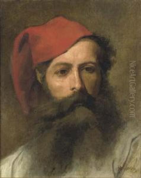 Portrait Of A Man With A Turkish Hat Oil Painting by Moritz, Maurycy Gottlieb