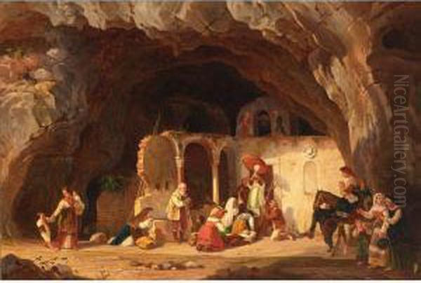 Figures At Prayer At The Entrance Of A Cave Oil Painting by Carl Wilhelm Goetzloff