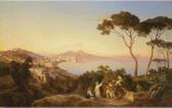 View Of Naples From Posillipo With Mount Vesuvius Beyond Oil Painting by Carl Wilhelm Goetzloff