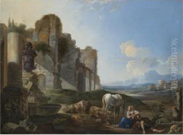 Italian Landscape With A Shepherdess And Ruins Oil Painting by Anton Goubau