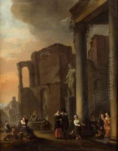 Scene De Marche Devant Un Palais Classique Oil Painting by Anton Goubau