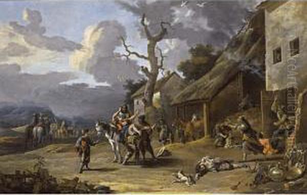 Mercenaries Plundering A Village Oil Painting by Anton Goubau