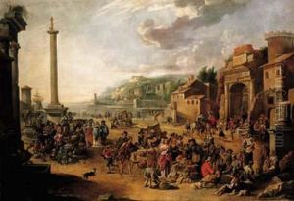 A Market In An Italianate Harbour With Diogenes In Search Of An Honest Man Oil Painting by Anton Goubau