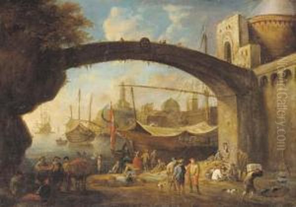 A Mediterranean Harbour With Traders Under A Bridge Oil Painting by Anton Goubau