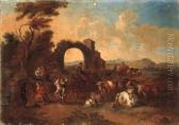 An Italianate Landscape With Drovers And Cattle And Peasantsdancing Oil Painting by Anton Goubau