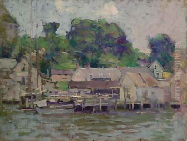 Grey Houses by the Dock Oil Painting by Paul Cornoyer