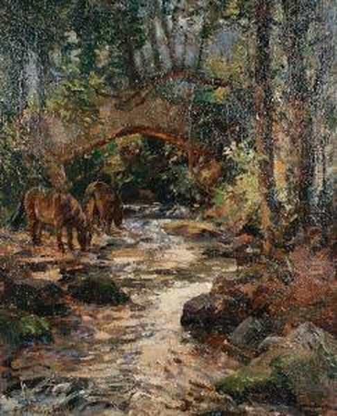 Packhorse Bridge On The Horner Water,exmoor Oil Painting by Alexander Carruthers Gould