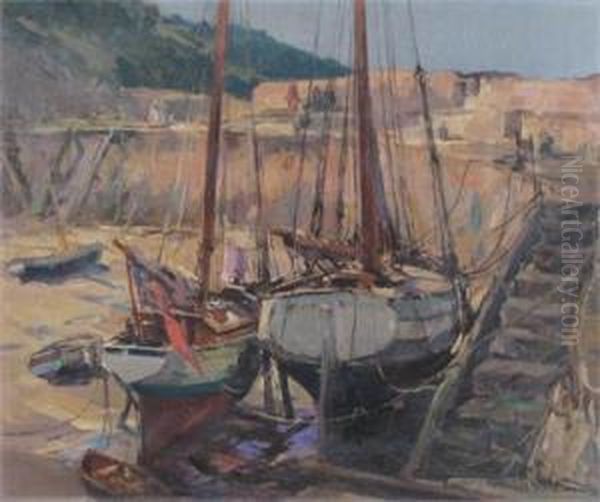 Polperro Harbour, Cornwall At Low Tide Oil Painting by Alexander Carruthers Gould