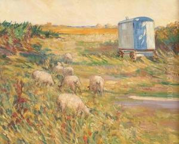 Landscape With Grazing Sheep And Caravan Oil Painting by Alexander Carruthers Gould