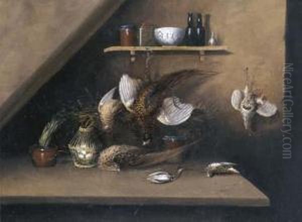 Still Life With Dead Game And Bottles And Jars On Shelf Oil Painting by William Buelow Gould