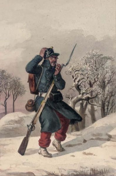 A Cold Wind: Study Of A Soldier Of The Napoleonic Era Oil Painting by Jules Adolphe Goupil