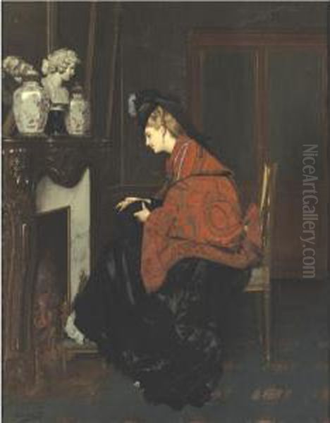 By The Fireplace Oil Painting by Jules Adolphe Goupil