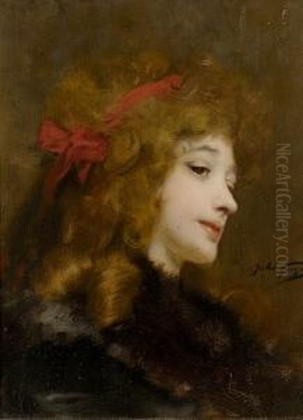 Girl With A Red Ribbon Oil Painting by Jules Adolphe Goupil