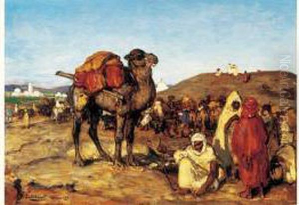 Marche Aux Chameaux A Kairouan. Oil Painting by Pierre Gourdault