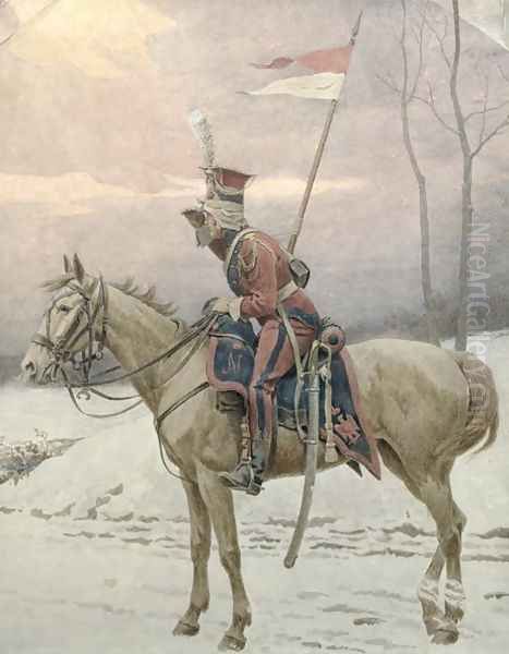 A Lancer of Napoleon's Polish Guards on Winter Patrol Oil Painting by Jan van Chelminski