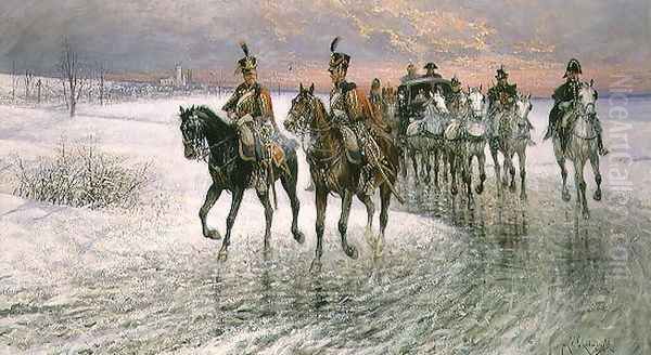 An Escort of the 4th French Hussars Oil Painting by Jan van Chelminski