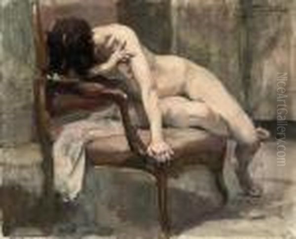 A Seated Nude Oil Painting by Jean-Leon Gouweloos