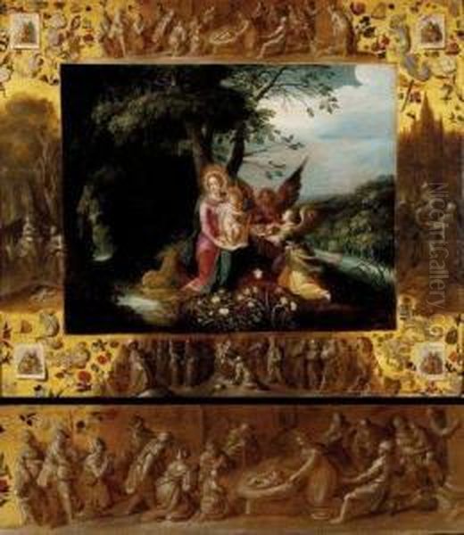 Vierge A L'enfant Assistee D'anges Dans Un Paysage Oil Painting by Abraham Govaerts