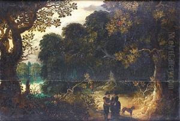 An Elegant Couple On A Woodland Path Oil Painting by Abraham Govaerts