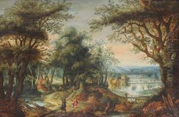 Sunlit Wooded Landscape, With Figures And Dogs In The Foreground, A Pond In The Distance Oil Painting by Abraham Govaerts