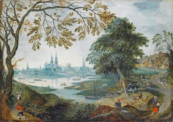 Umkreis Baumbestandene Flusslandschaft Mit Blick Auf Eine Stadt Oil Painting by Abraham Govaerts