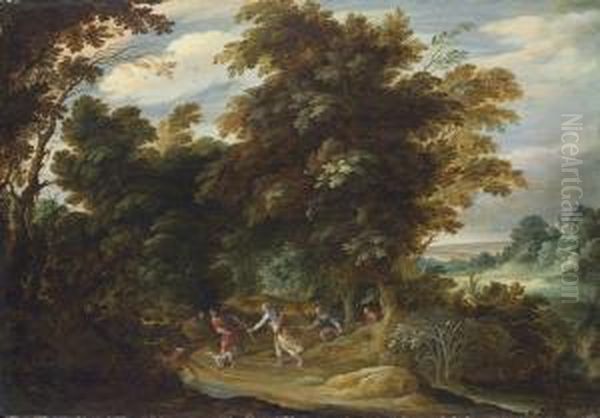 A Wooded Landscape With The Hunt For The Calydonian Boar Oil Painting by Abraham Govaerts