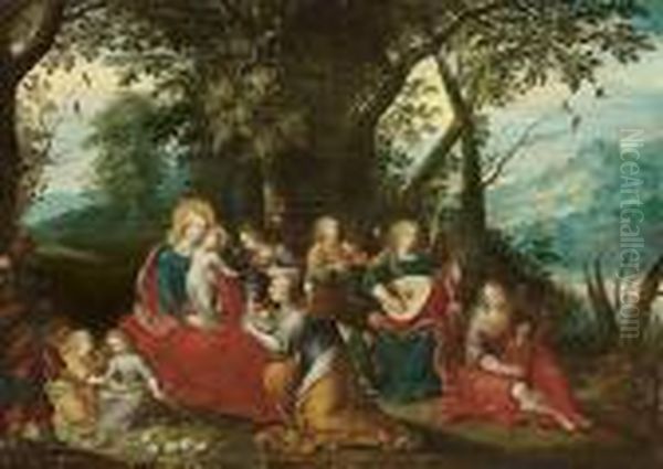 Madonna Mit Kind Und Engeln In Einer Waldlandschaft Oil Painting by Abraham Govaerts