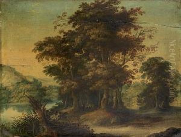 A Wooded River Landscape With A Shepherd And His Flock On A Path Oil Painting by Abraham Govaerts