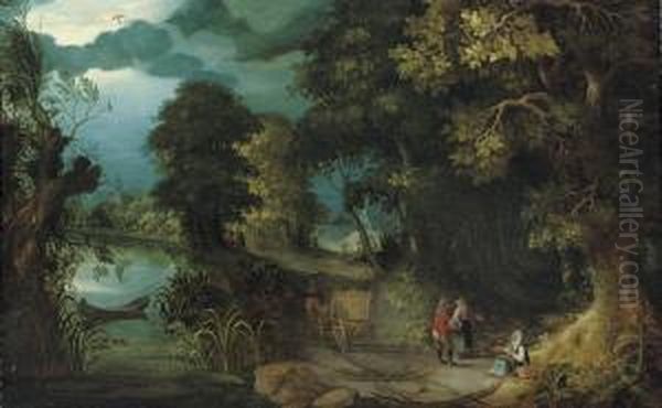 A Wooded River Landscape With A Woman Seeking Alms From Travellers Oil Painting by Abraham Govaerts