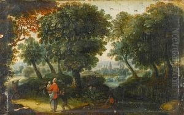 A Wooded River Landscape With A Mother And Herchildren On A Country Path Oil Painting by Abraham Govaerts